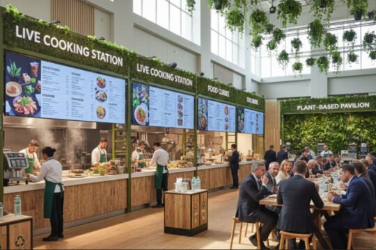 Professional catering setup serving food and beverages at a large-scale exhibition to enhance visitor experience