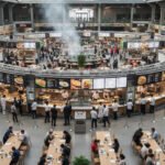 Large-scale exhibition catering setup serving thousands of visitors with organized food counters and professional staff