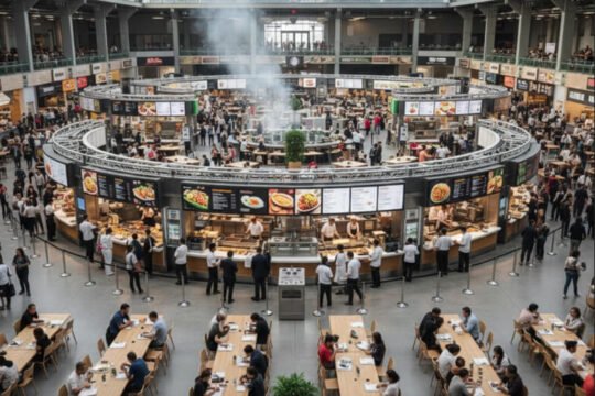 Large-scale exhibition catering setup serving thousands of visitors with organized food counters and professional staff