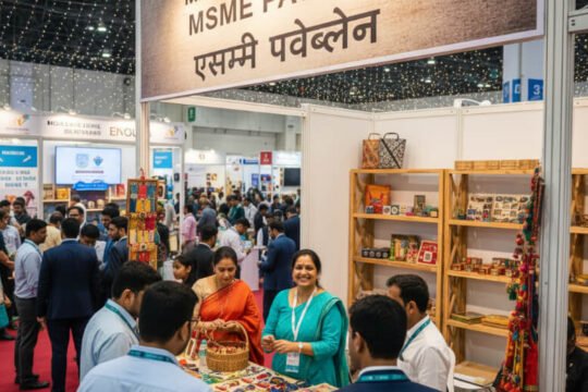 Indian MSME exhibitors engaging with visitors at a domestic trade exhibition, showcasing products and generating business leads