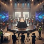 Brand team preparing a product launch at an Indian exhibition with stage setup, lighting, and promotional displays before a big reveal