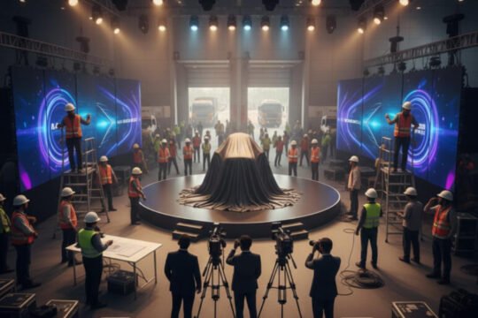 Brand team preparing a product launch at an Indian exhibition with stage setup, lighting, and promotional displays before a big reveal