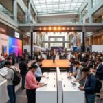 Crowded Indian trade show with brands unveiling new products on stage, attracting media attention and large audiences in 2026