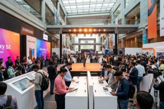 Crowded Indian trade show with brands unveiling new products on stage, attracting media attention and large audiences in 2026