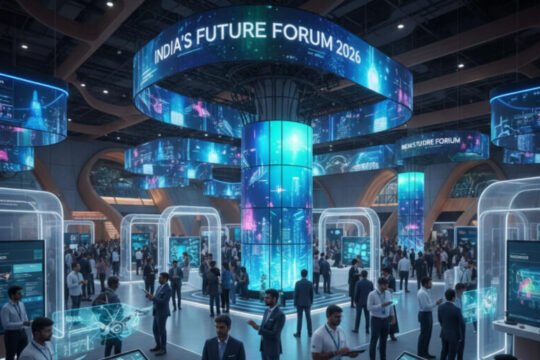 Visitors engaging with interactive booths and digital experiences at a large-scale exhibition in India 2026