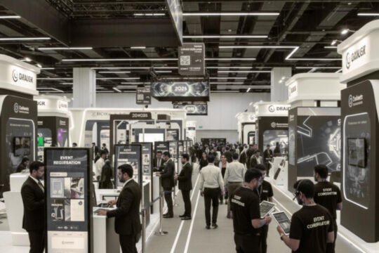 Event agency team reviewing a detailed checklist while managing exhibition setup and coordination