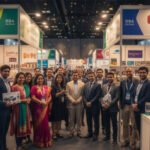 Indian exhibitors showcasing products at a small booth growing into a large, successful exhibition presence