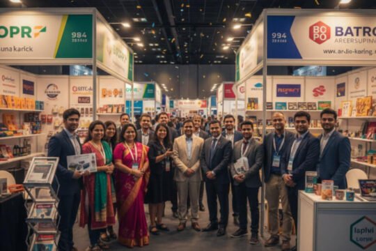 Indian exhibitors showcasing products at a small booth growing into a large, successful exhibition presence