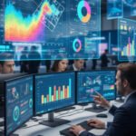 Marketing team analyzing post-exhibition data, leads, and performance insights on digital dashboards