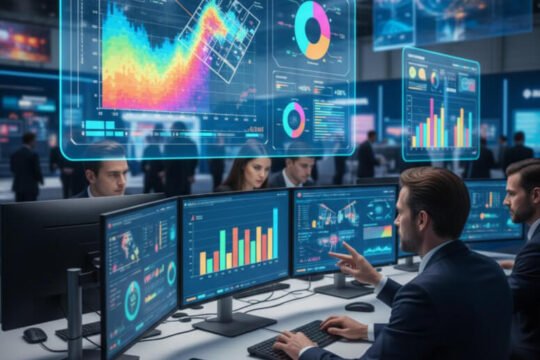 Marketing team analyzing post-exhibition data, leads, and performance insights on digital dashboards