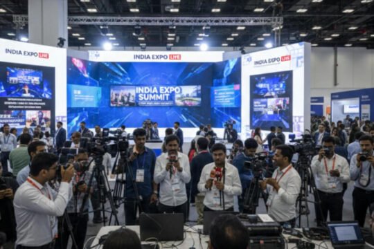 Media professionals covering a large exhibition in India with cameras, interviews, and live reporting