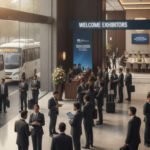 Hotel and event professionals collaborating to support trade show attendees with accommodation and services