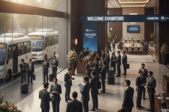 Hotel and event professionals collaborating to support trade show attendees with accommodation and services