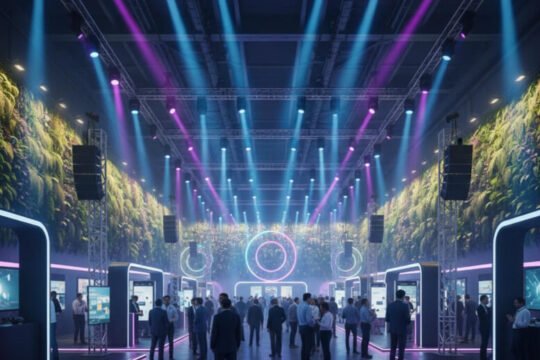 Dynamic exhibition space enhanced with professional lighting effects and immersive sound systems creating an engaging atmosphere