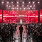 High-tech keynote stage at an Indian expo featuring LED screens, advanced audio systems, and professional lighting setup