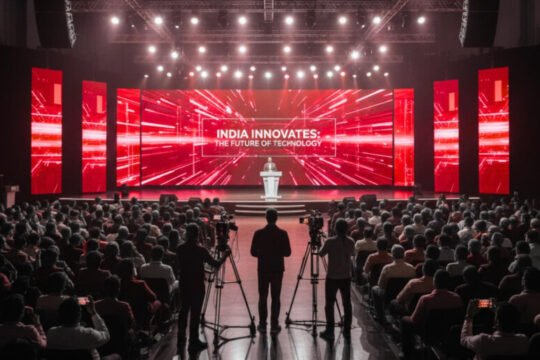 High-tech keynote stage at an Indian expo featuring LED screens, advanced audio systems, and professional lighting setup
