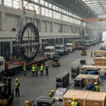 Logistics team managing oversized exhibition booth materials and cargo using cranes and transport equipment