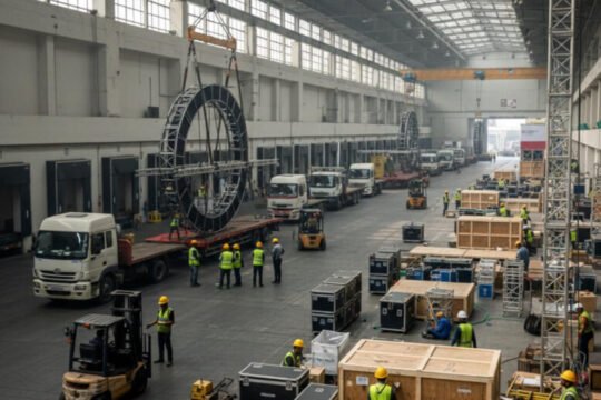 Logistics team managing oversized exhibition booth materials and cargo using cranes and transport equipment