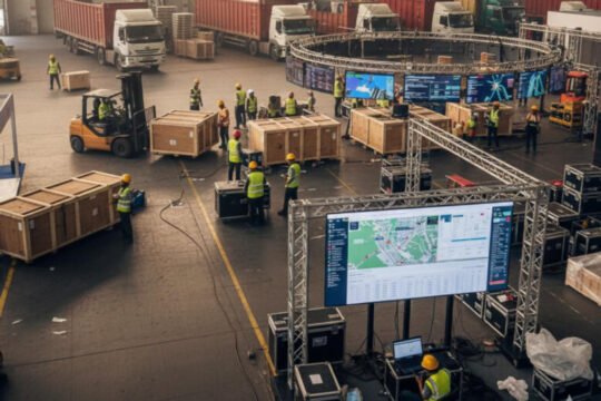 Logistics team ensuring timely delivery of exhibitor materials at a trade show venue with organized coordination