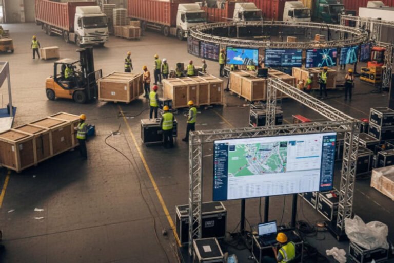 Logistics team ensuring timely delivery of exhibitor materials at a trade show venue with organized coordination