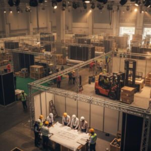 Trade fair organiser managing event planning stages from concept development to final show day execution