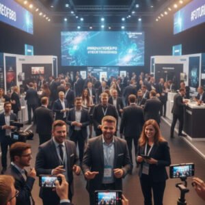 Social media influencer creating content and engaging audiences at a live exhibition event