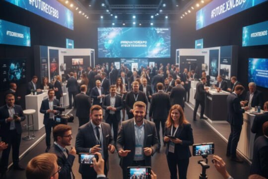 Social media influencer creating content and engaging audiences at a live exhibition event