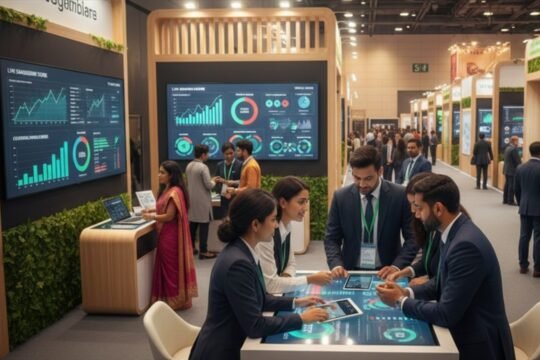 Exhibitors engaging with visitors at a busy trade show booth in India to maximize ROI in 2026.