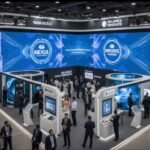 Brands promoting their products through digital screens and sponsored booths at a modern exhibition event.