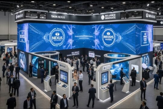 Brands promoting their products through digital screens and sponsored booths at a modern exhibition event.