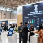 Business professionals attending a large-scale exhibition in India with modern booths and networking activities