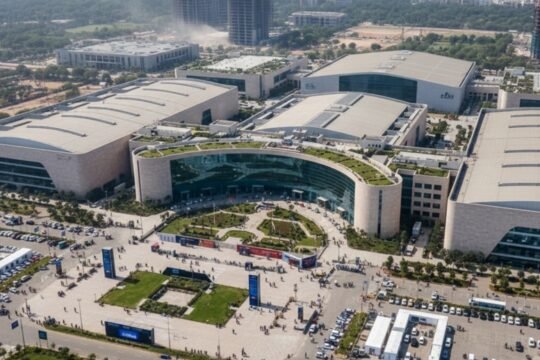 Architectural rendering of 2026 exhibition infrastructure expansions including Yashobhoomi Phase 2 and IECC Pragati Maidan modern halls.