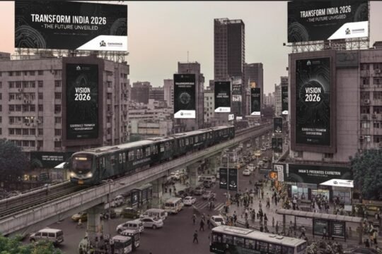 Hoardings, transit ads, and outdoor media displays promoting an exhibition across urban areas