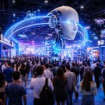 Futuristic scene from India’s largest technology exhibition 2025 featuring AI robots, drones, and a massive crowd exploring innovative tech displays
