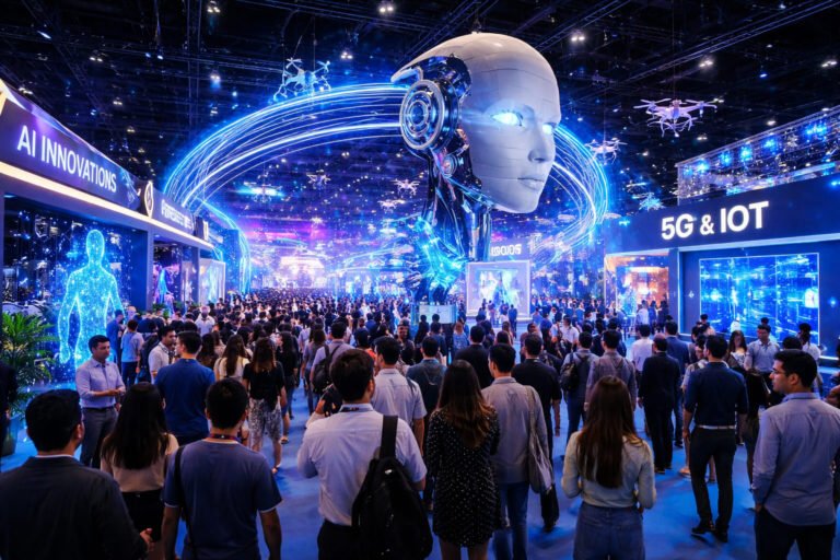Futuristic scene from India’s largest technology exhibition 2025 featuring AI robots, drones, and a massive crowd exploring innovative tech displays